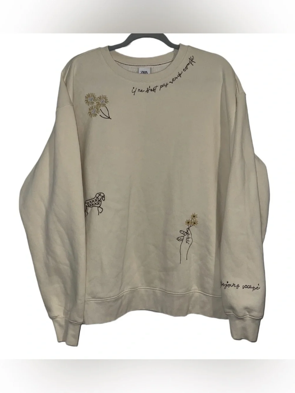 Zara Cream Crewneck Sweater with Subtle Embroidered Motifs